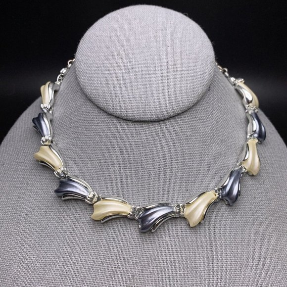 Blue Cream Silver Tone Link Choker Collar Necklace Earrings Demi Parure - Picture 3 of 11